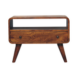 Artisan Furniture Solid Wood Mini Chestnut Curved Media Unit, 1 Drawer & Open Slot – Dark Brown