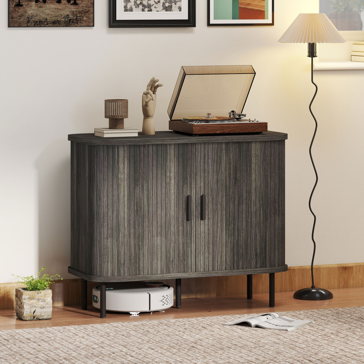 Mid-Century Sideboard with Slatted Tambour Sliding Doors – Kitchen & Hallway Storage Cabinet, Grey & Black