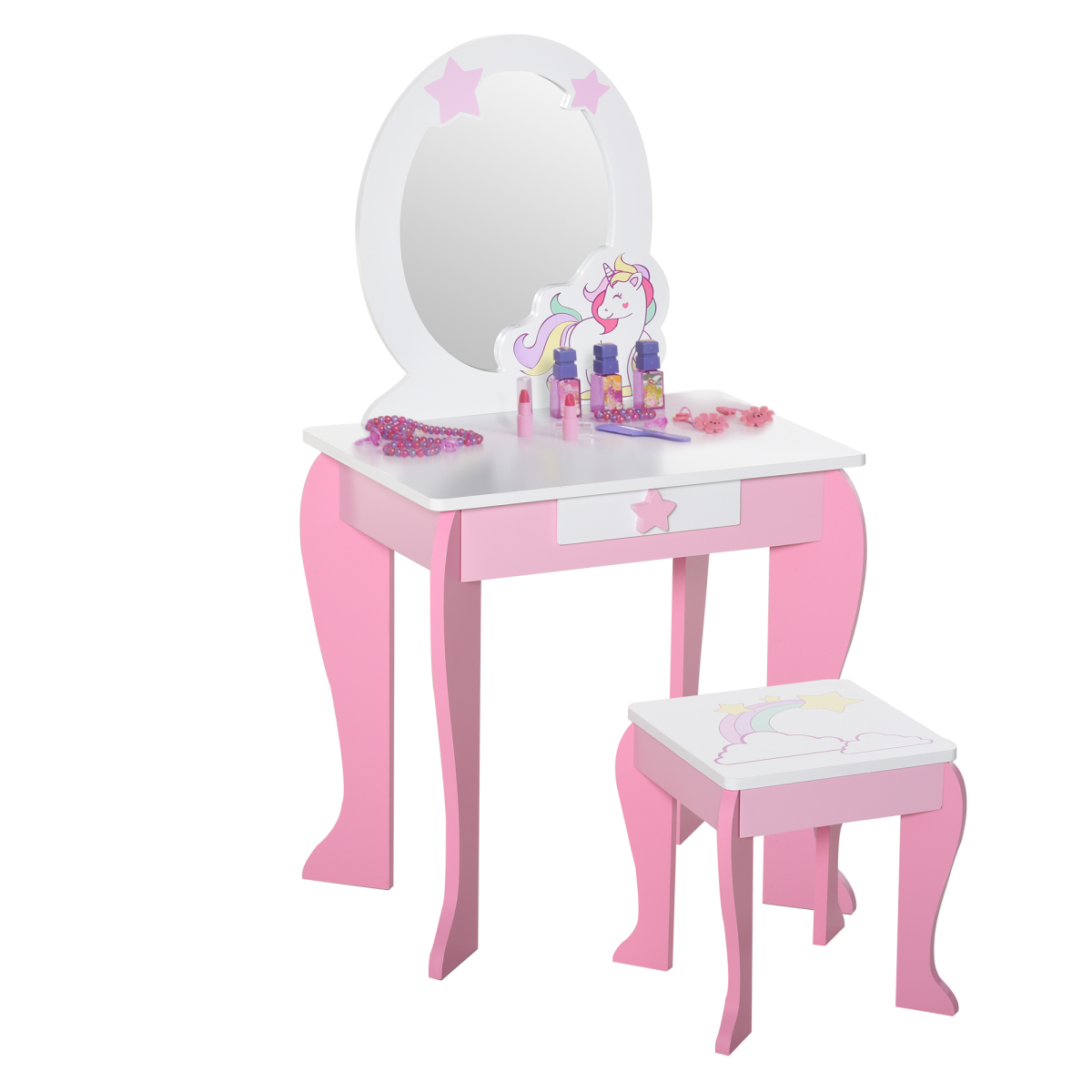 HOMCOM Kids Dressing Table with Mirror and Stool – Unicorn Vanity Set for Girls Aged 3-6, Pink and White