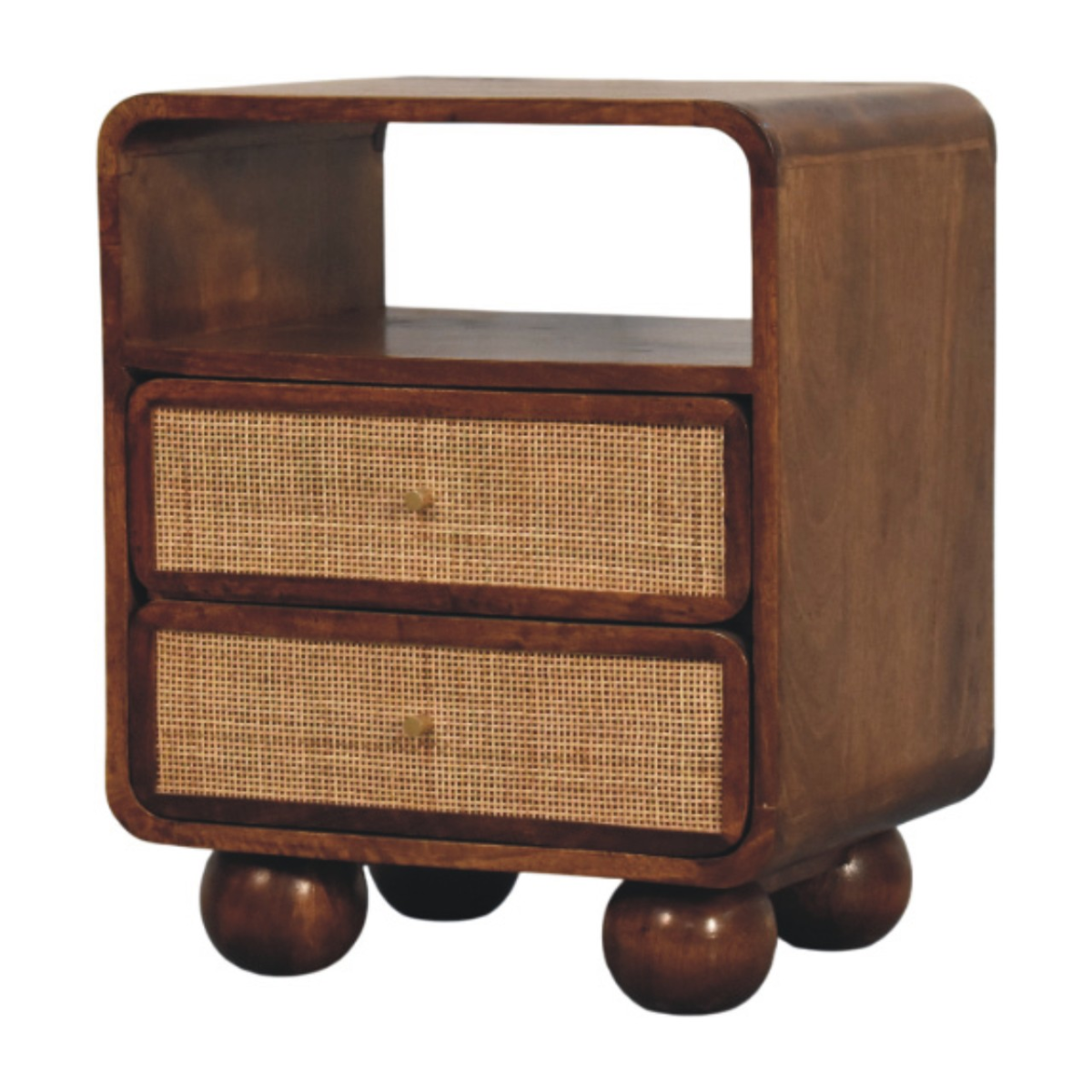 Artisan Furniture Solid Wood Larissa 2 Drawer Nightstand with Open Shelf – Rattan Bedside Table, Dark Brown