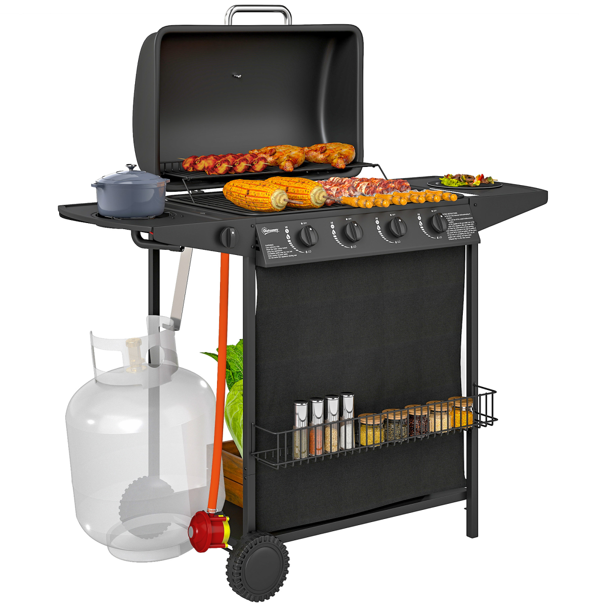 Outsunny 5 Burner Gas Barbecue Grill with Side Burner, Lid and Thermometer – Portable BBQ, Black