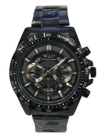 Christyan Arden Mens New FK Fashion Dated Multi Black Dial Analogue Gun Metal Bracelet Strap Watch