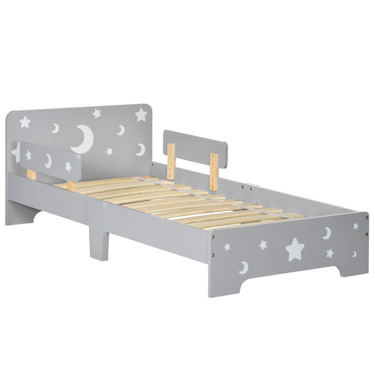 Kids Toddler Bed with Star & Moon Design and Safety Rails – Grey Children's Bed Frame, Ages 3-6