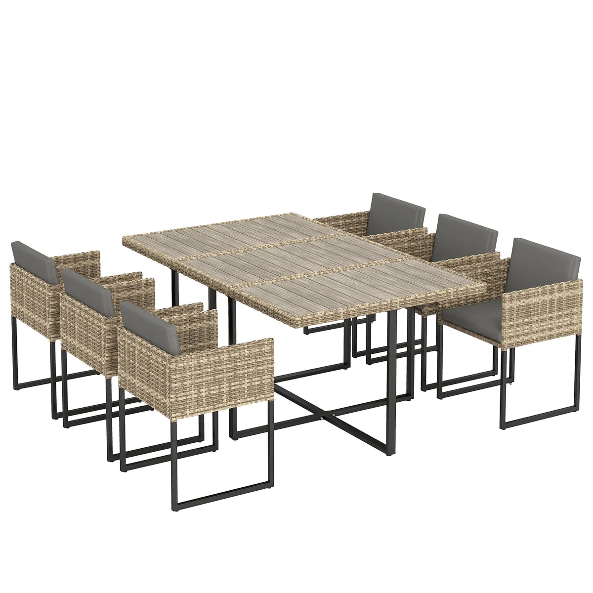 Outsunny 7 Piece Rattan Garden Dining Set with Wood-Plastic Table and 6 Stackable Chairs – Light Brown
