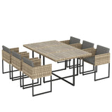 Outsunny 7 Piece Rattan Garden Dining Set with Wood-Plastic Table and 6 Stackable Chairs – Light Brown