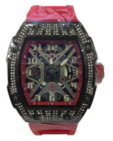 Longbo Gents Quartz Skeleton Watch with Clear Dial and Red Rubber Strap – Black Bling Fashion Wrist Watch