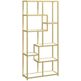 HOMCOM Seven-Tier Geometric Bookcase with Metal Frame – Asymmetrical Display Shelf, White/Gold Tone