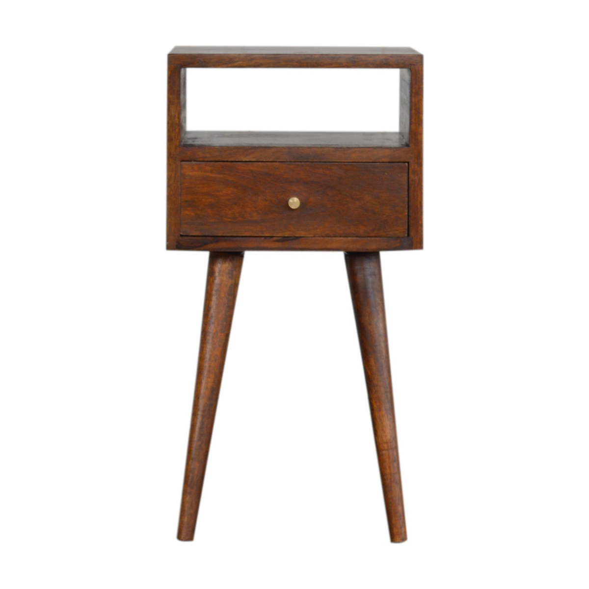Artisan Furniture Solid Wood Mini Bedside Table with 1 Drawer and Open Shelf – Nordic Style, Chestnut Brown