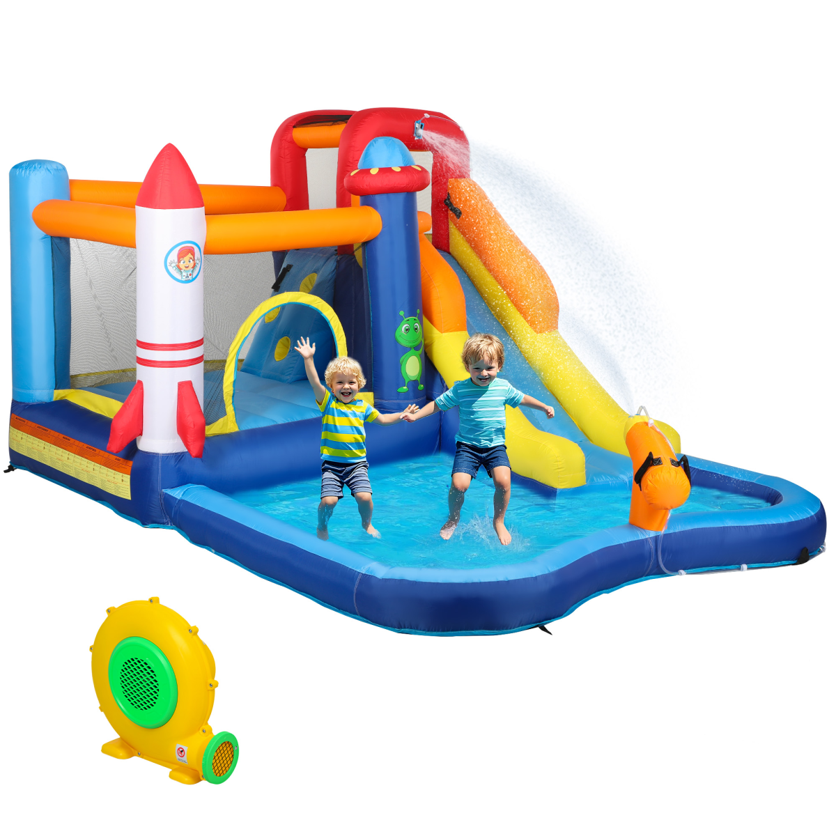 AIYAPLAY 5-in-1 Bouncy Castle with Splash Pool, Water Slide, Climbing Wall and 550W Blower – Kids Inflatable
