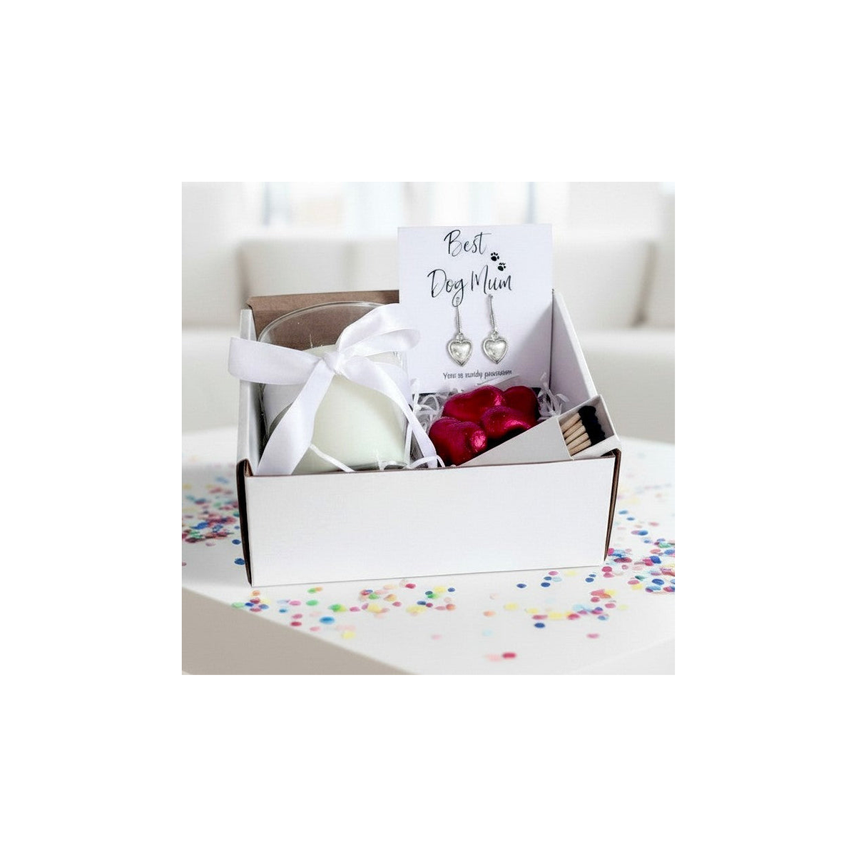 Aye Do Gifts Small Best Dog Mum Gift Hamper with Heart Earrings, Candle & Milk Chocolate Hearts