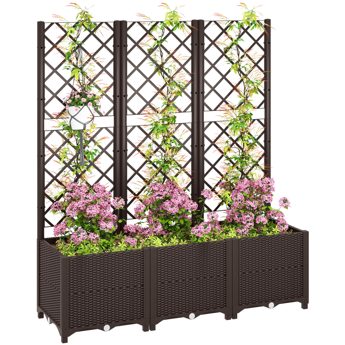 Outsunny Plastic Planter Box with Trellis and Drain Plugs – Vertical Vegetable Garden Raised Bed, Brown