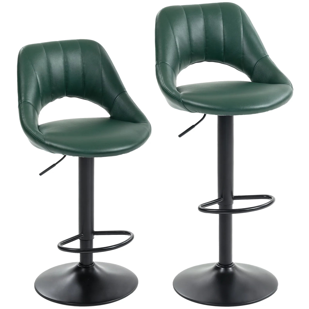 HOMCOM Set of 2 Faux Leather Bar Stools with 360° Swivel & Adjustable Height – Kitchen Stools, Dark Green