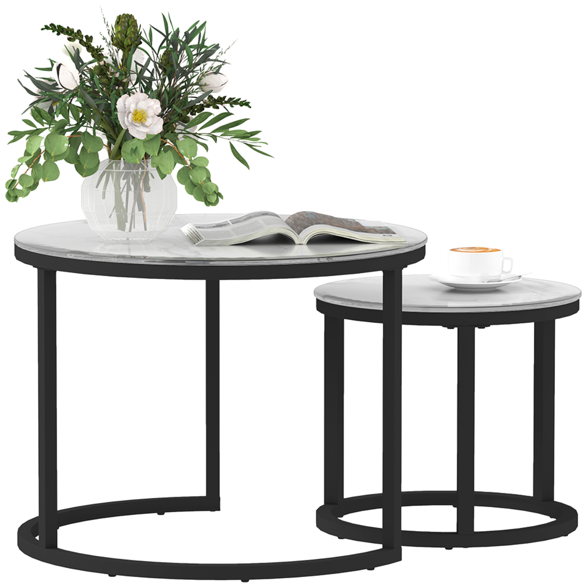 HOMCOM Glass Coffee Table Set of 2 with Marble-Effect Tempered Glass Tops – Round Nest of Tables, White, Black