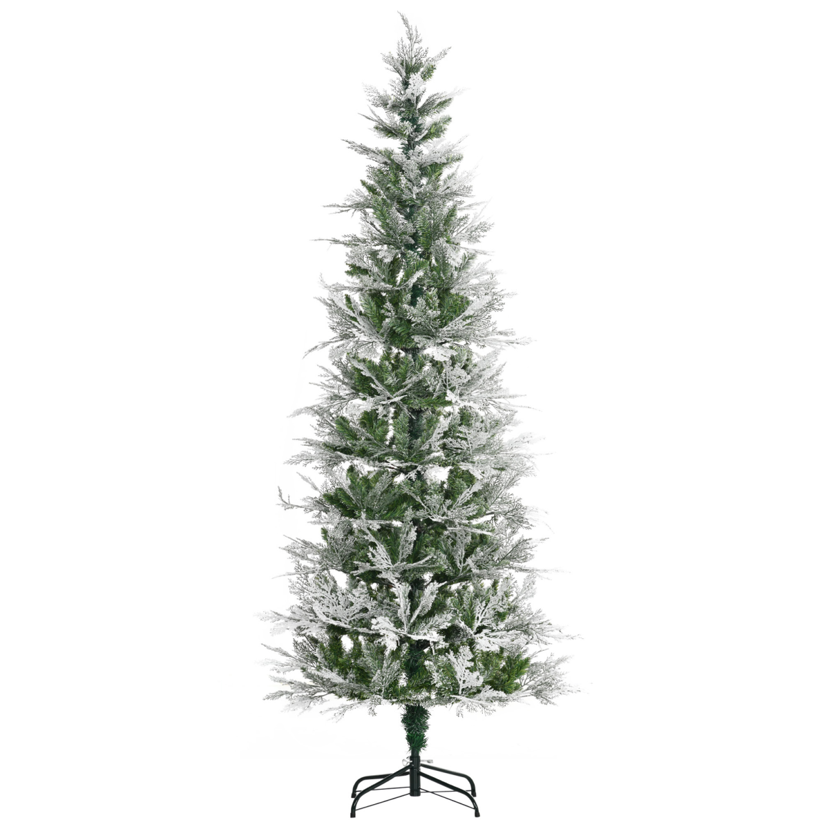 HOMCOM 7ft Snow Flocked Artificial Christmas Tree with Pencil Shape, Auto Open Branches and Metal Base