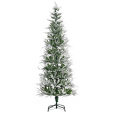 HOMCOM 7ft Snow Flocked Artificial Christmas Tree with Pencil Shape, Auto Open Branches and Metal Base