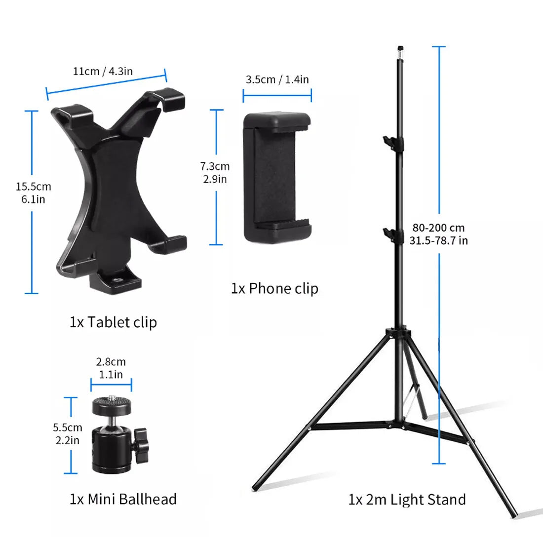 2m Adjustable Tablet & Phone Floor Tripod Stand with Ball Head and Clips – Foldable Stand for Devices 4–10.6"