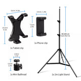 2m Adjustable Tablet & Phone Floor Tripod Stand with Ball Head and Clips – Foldable Stand for Devices 4–10.6"