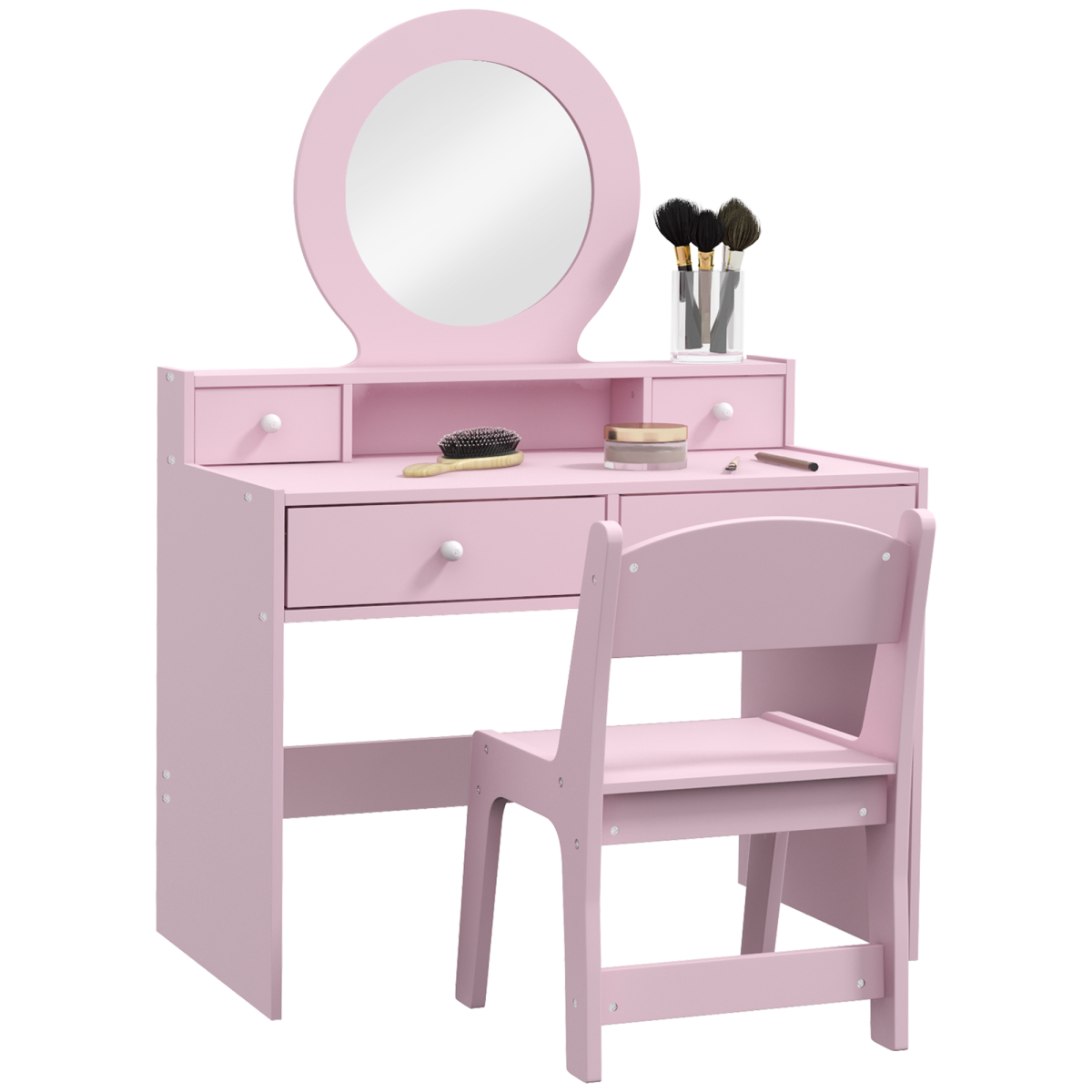 AIYAPLAY Kids Dressing Table Set with Stool, Oval Mirror and Four Drawers – Pink