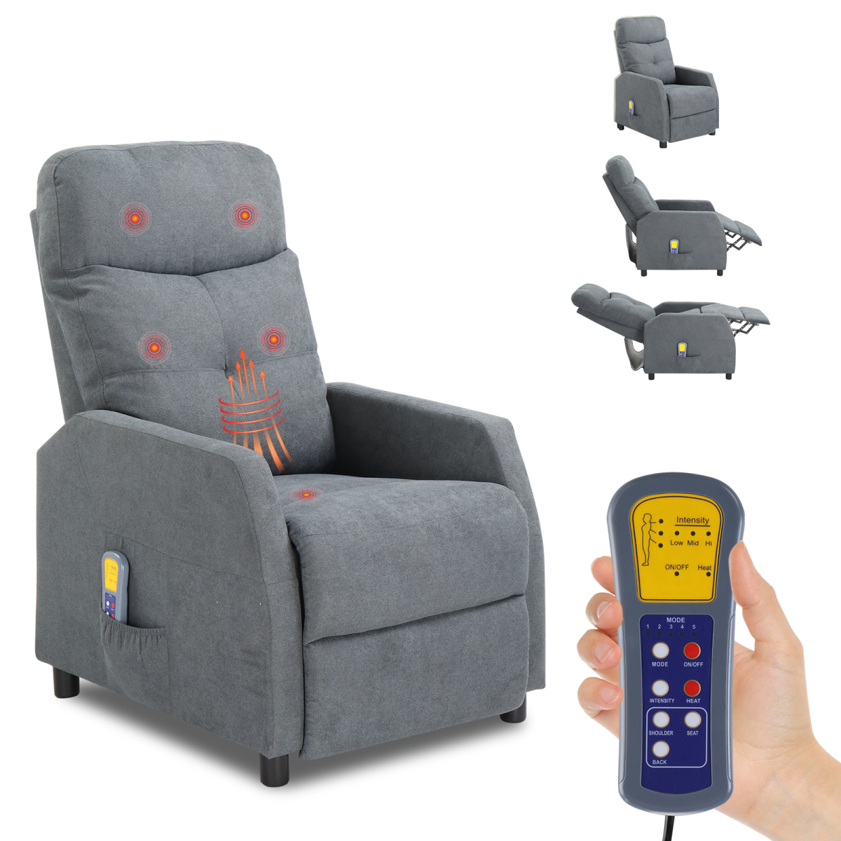 Electric Massage Recliner Chair with 6-Point Vibration Massage & Heating – Fabric TV Armchair, Light Grey