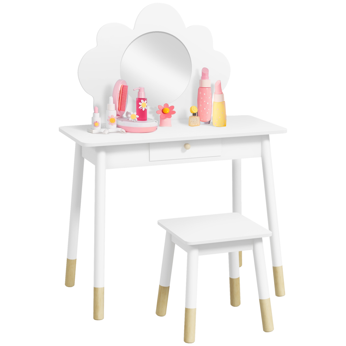 AIYAPLAY Kids Dressing Table with Mirror, Stool and Storage Drawer – Cloud Design Play Vanity Set, White