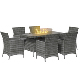 Outsunny 7-Piece Rattan Dining Set with Fire Pit Table & 6 Cushioned Armchairs – Garden Patio Furniture, Grey