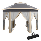 Outsunny 3 x 4m Hexagon Pop-Up Metal Gazebo with Six Mesh Curtains – Garden Party Tent, Khaki
