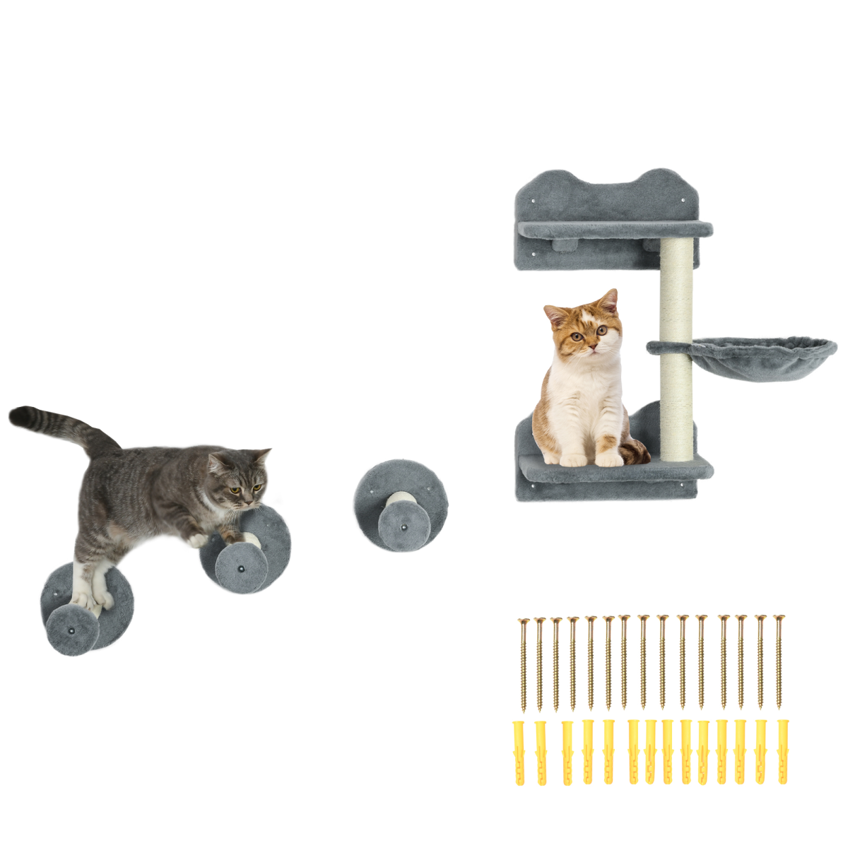 PawHut Wall-Mounted Cat Shelf with Scratching Posts & Hammock – Indoor Cat Tree Climbing Furniture, Grey
