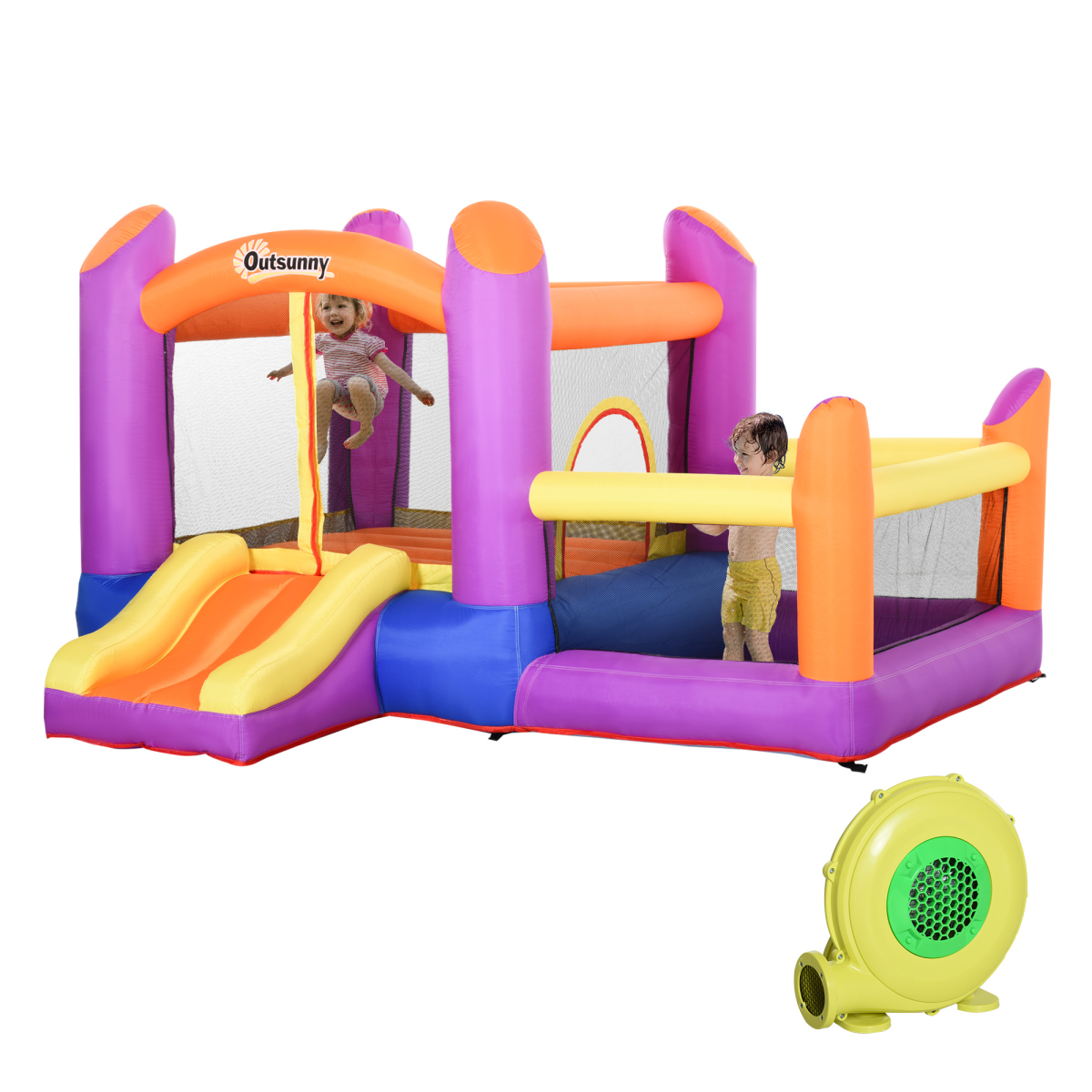 Outsunny Inflatable Bouncy Castle with Slide, Pool & Trampoline, Includes Blower – Kids Garden Play, Multi-Colour