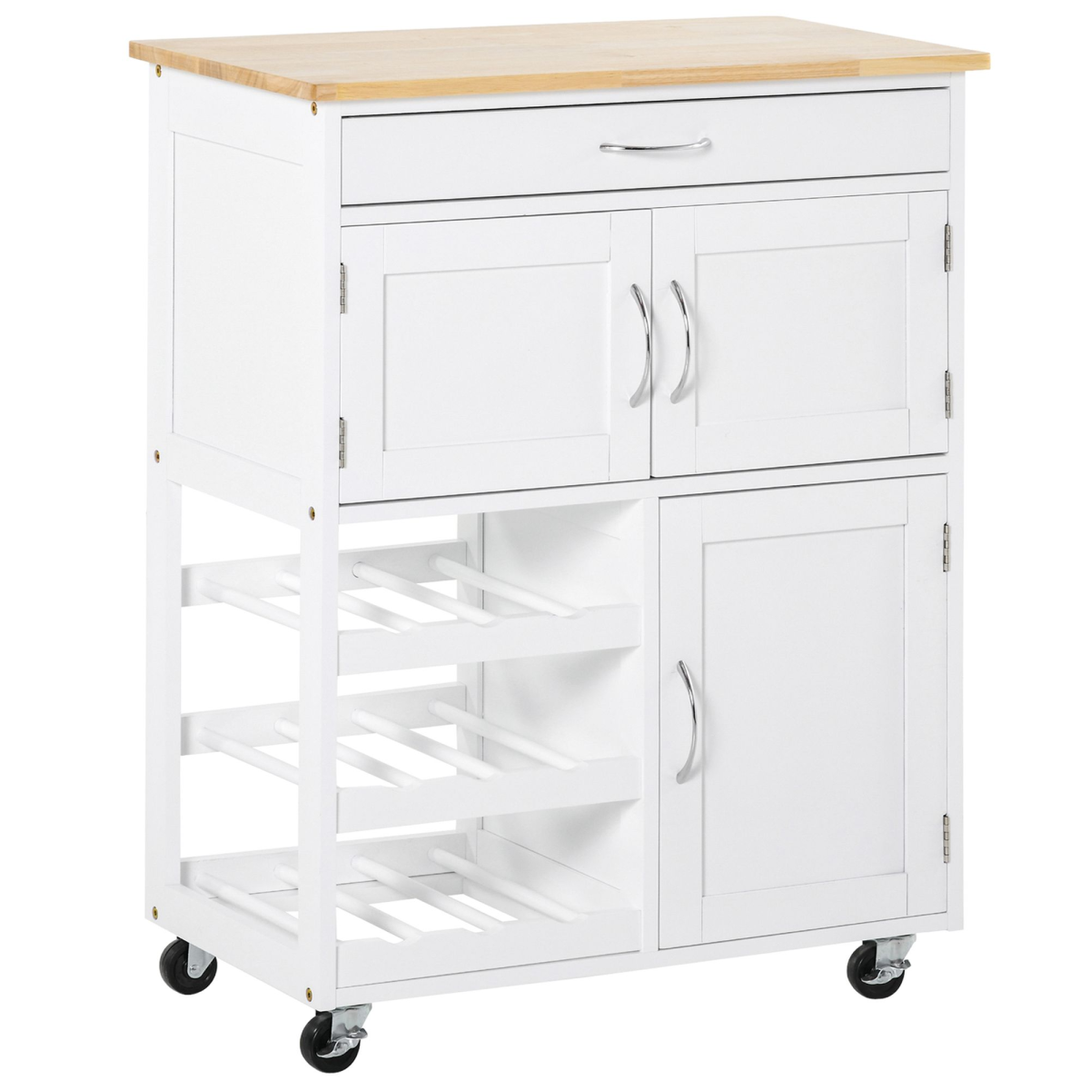White kitchen island cart with wine rack