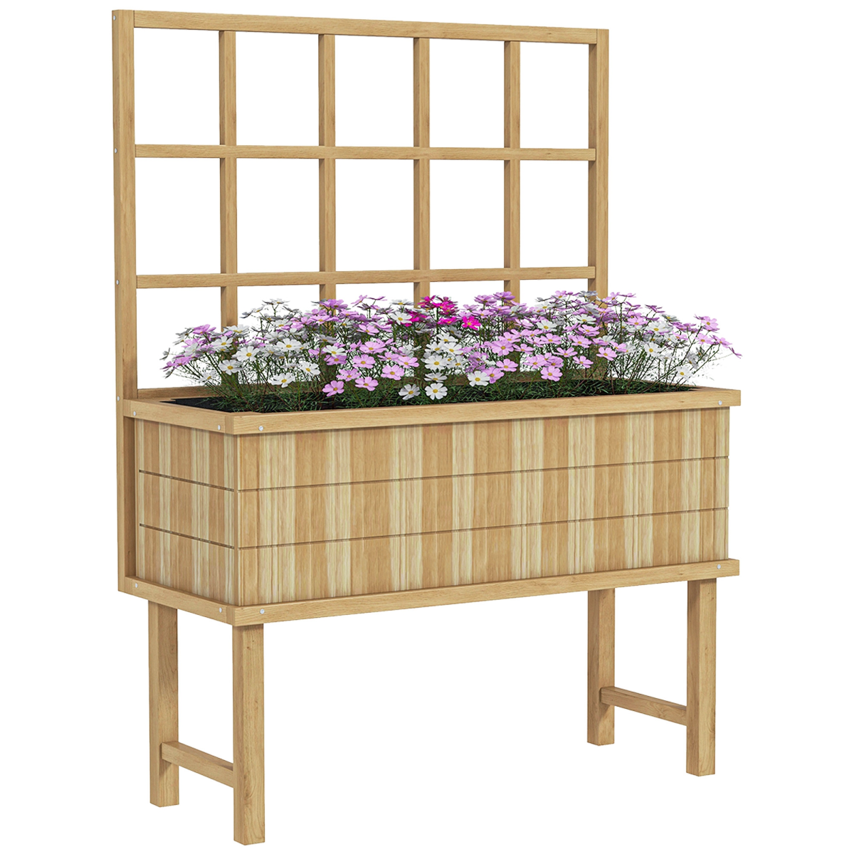 Outsunny Fir Wood Raised Garden Bed Planter with Trellis, Drainage Holes & Liner – Climbing Plants, Natural