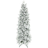 HOMCOM 7ft Flocked Artificial Christmas Tree with 972 Branches – Slim Snowy Tree, Flame-Retardant