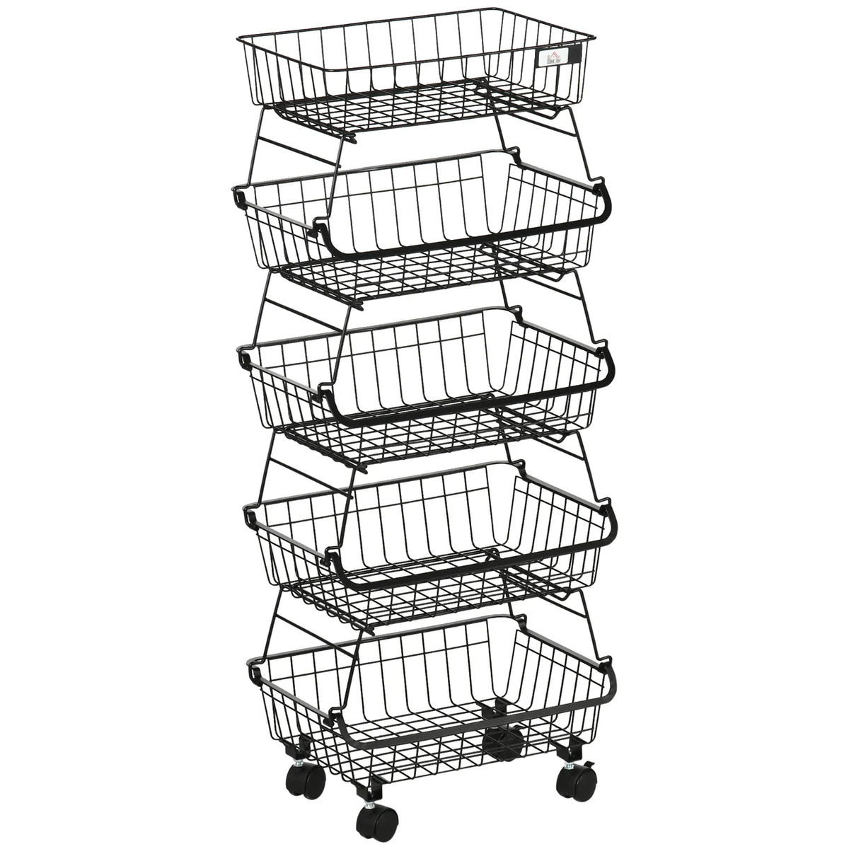 HOMCOM 5-Tier Stackable Storage Trolley – Fruit and Vegetable Cart for Kitchen and Living Room with Lockable Wheels, Black
