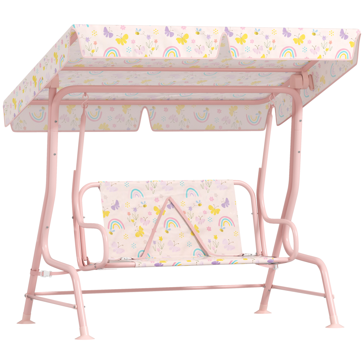 AIYAPLAY Kids Rainbow Canopy Swing Seat with Adjustable Sun Canopy & Safety Belts – Outdoor Garden Swing, Pink