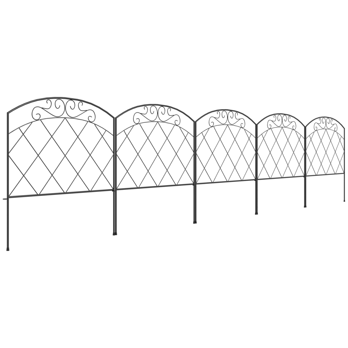 Outsunny Outdoor Picket Fence Panels, 61cm x 3m, with Arched Top & Swirl Design – Garden Border Edging, Black