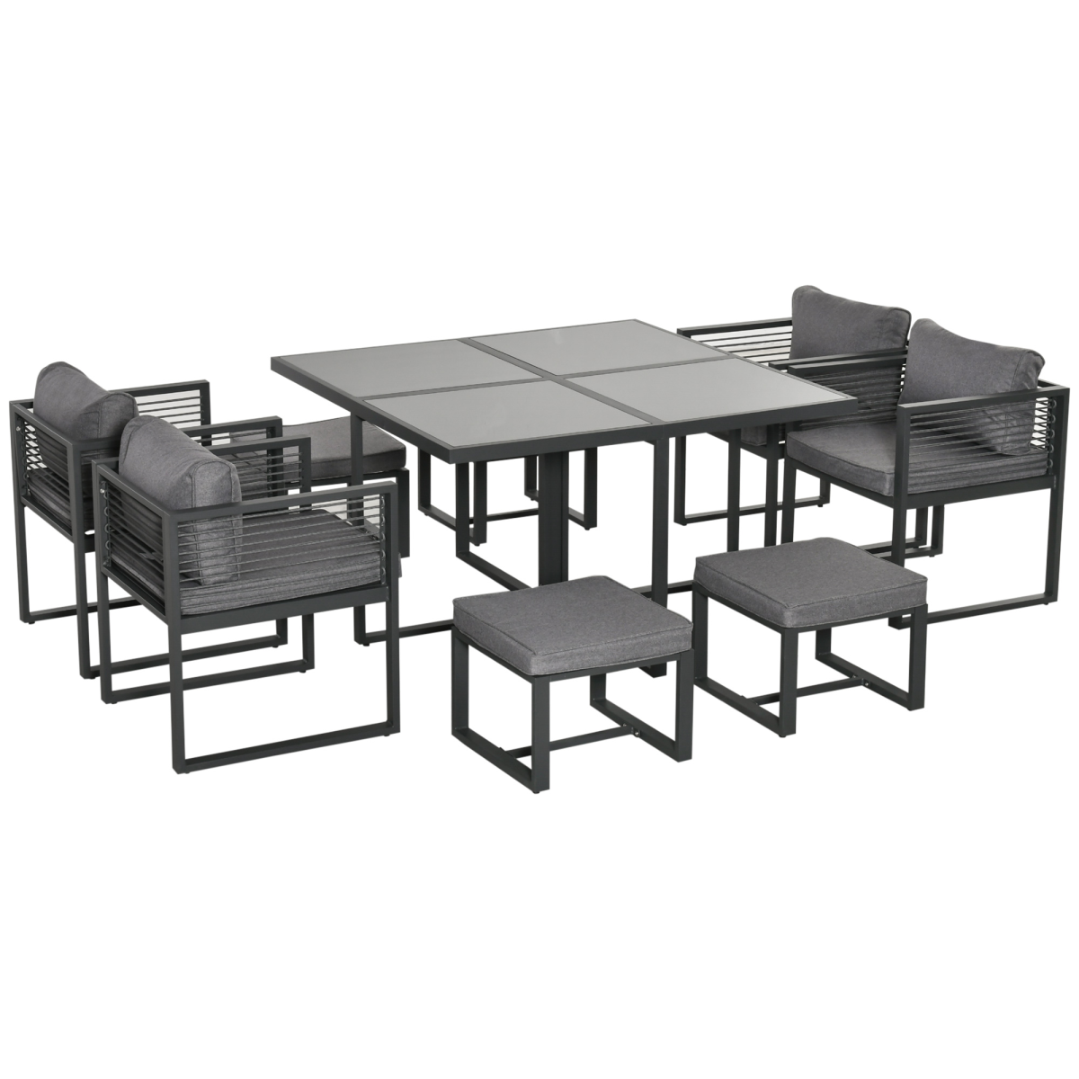 Outsunny 8-Seater Garden Dining Cube Set with Glass Table, 4 Armchairs & 4 Footstools – Cushioned, Grey