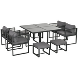 Outsunny 8-Seater Garden Dining Cube Set with Glass Table, 4 Armchairs & 4 Footstools – Cushioned, Grey