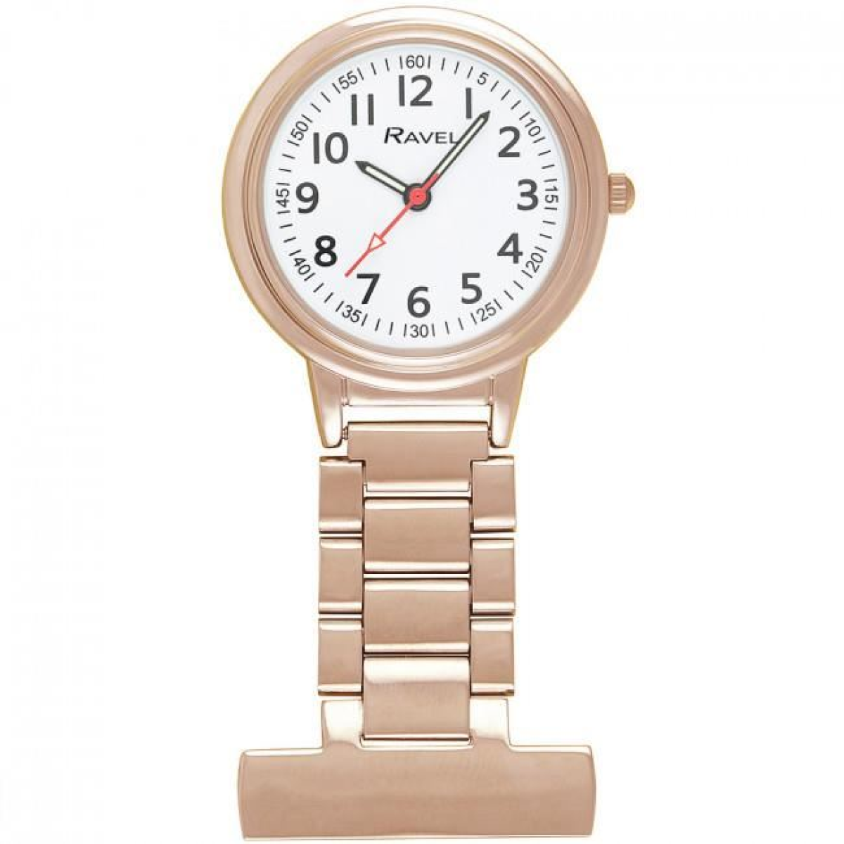Ravel Easy-Read Nurse Fob Watch with White Dial & Rose Gold Tone Case – Quartz Movement, Luminous Hands, R1101.40