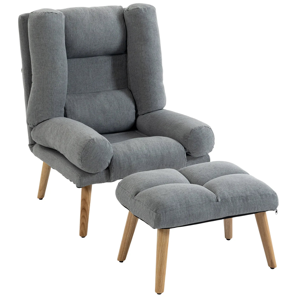 HOMCOM Recliner Chair with Footstool – Armchair with 3-Position Backrest and Wooden Legs, Grey