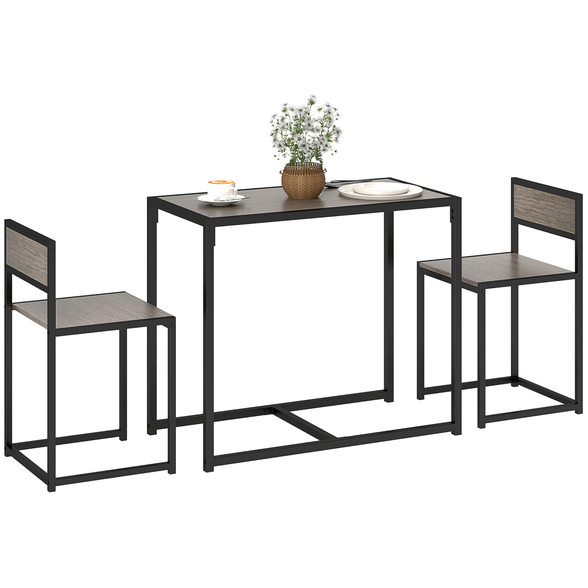 HOMCOM 3 Piece Dining Table Set with Two Stools and Steel Frame – Industrial Kitchen Table, Grey Wood-Effect