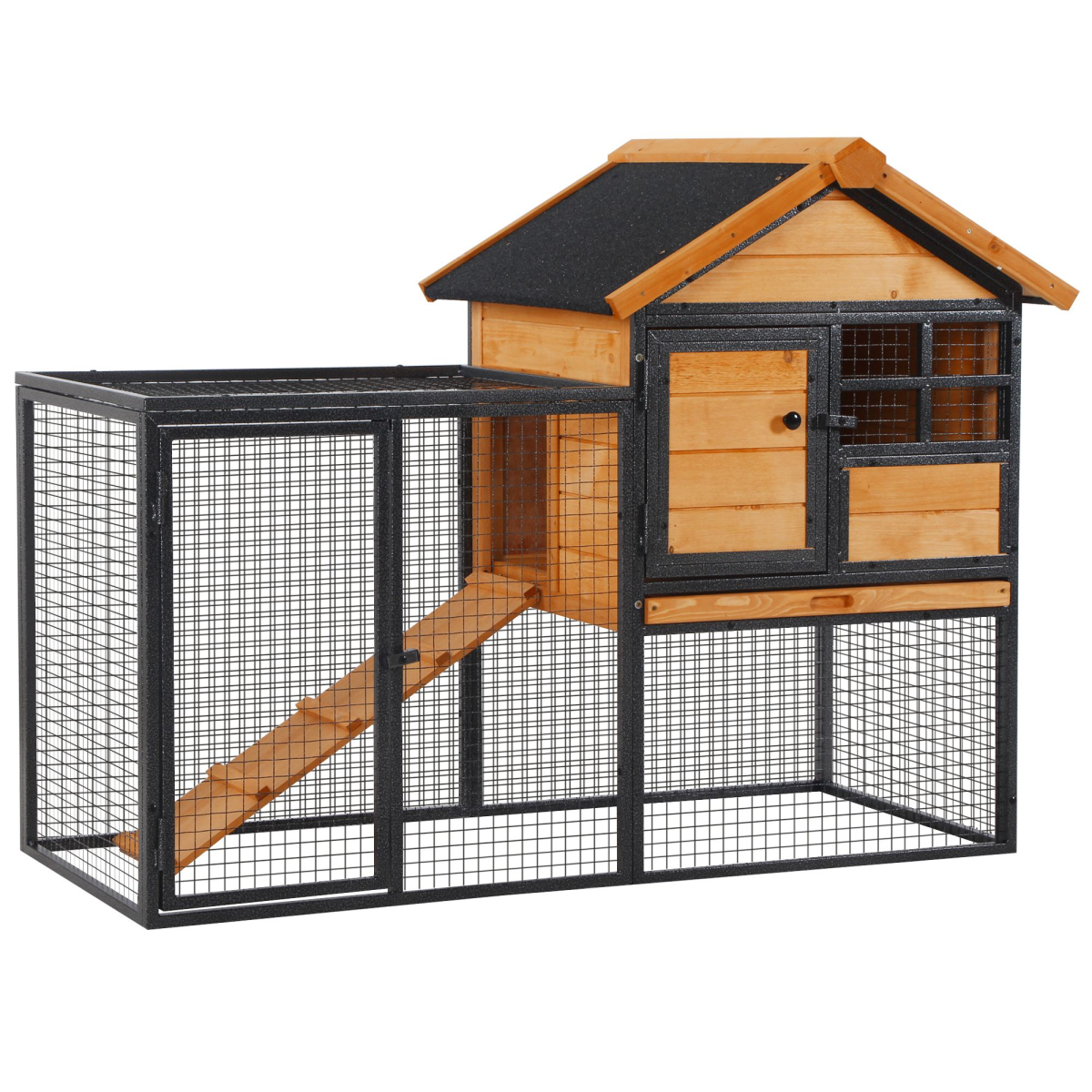 PawHut Wood-Metal Rabbit Hutch with Run, Ramp & Pull-Out Tray – Elevated Outdoor Pet House, 122 x 63 x 92 cm