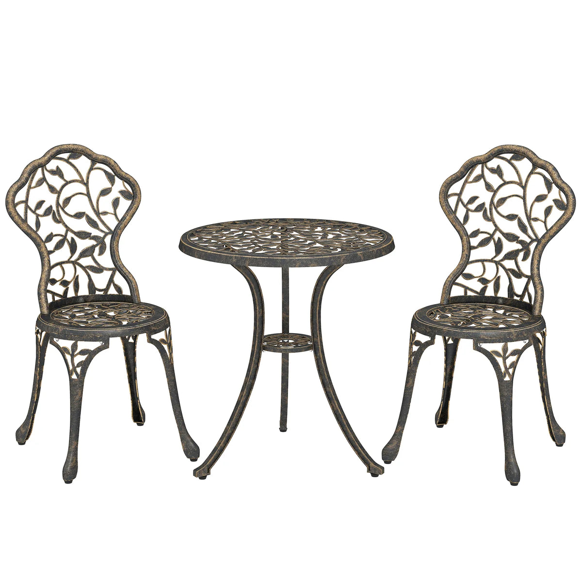 Outsunny 3 Piece Aluminium Bistro Set – Garden Table and 2 Chairs with Floral Cut-Out Design, Brown