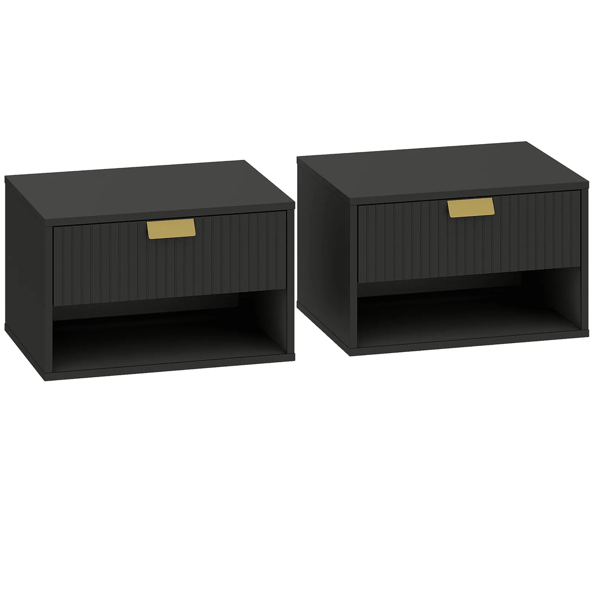HOMCOM Floating Bedside Tables, Set of 2 Wall Mounted Nightstands with Fluted Drawer & Open Shelf, Black