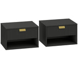 HOMCOM Floating Bedside Tables, Set of 2 Wall Mounted Nightstands with Fluted Drawer & Open Shelf, Black