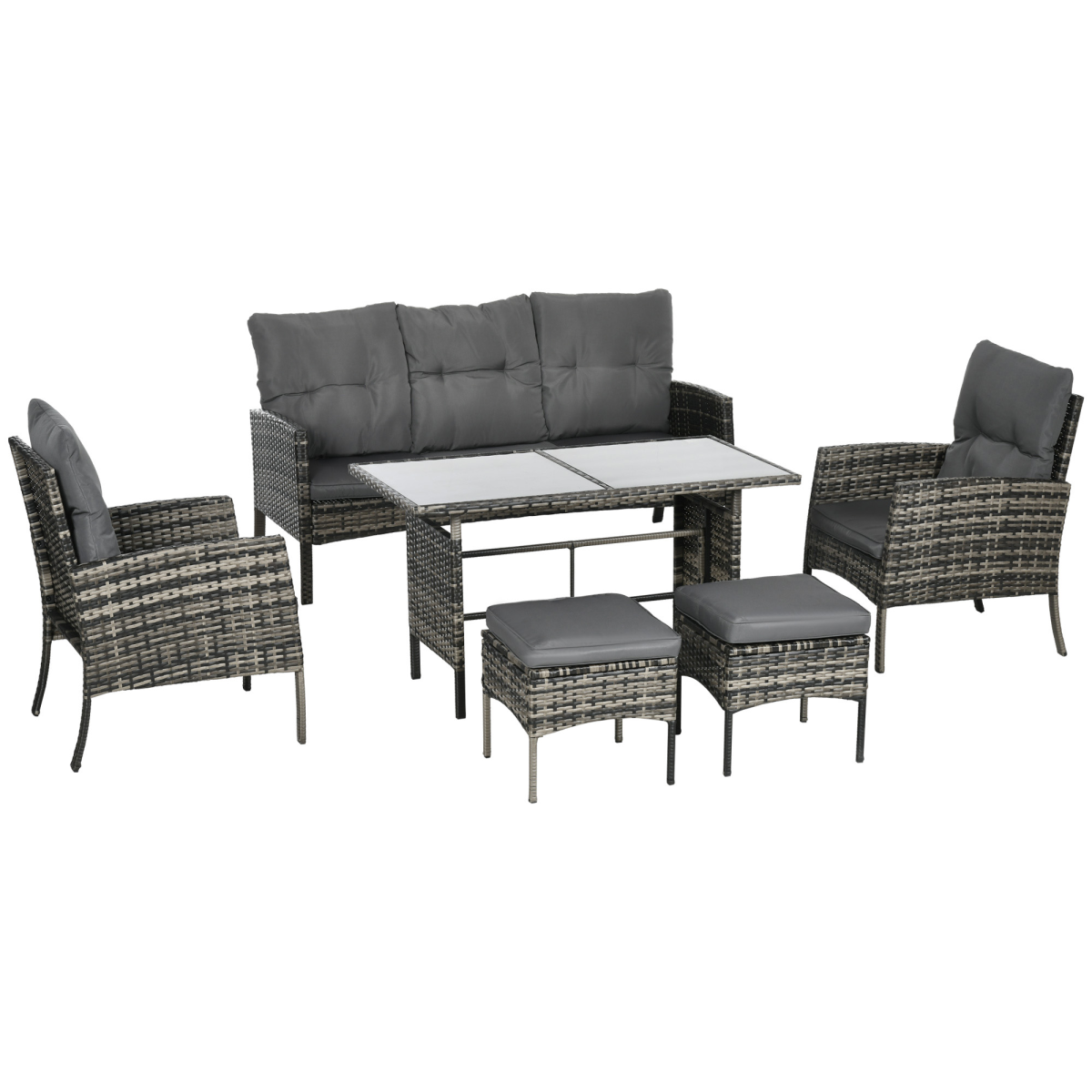 Outsunny Six Piece Rattan Garden Furniture Set with Sofa, 2 Armchairs, 2 Footstools & Glass Table – Grey