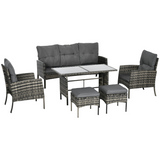 Outsunny Six Piece Rattan Garden Furniture Set with Sofa, 2 Armchairs, 2 Footstools & Glass Table – Grey