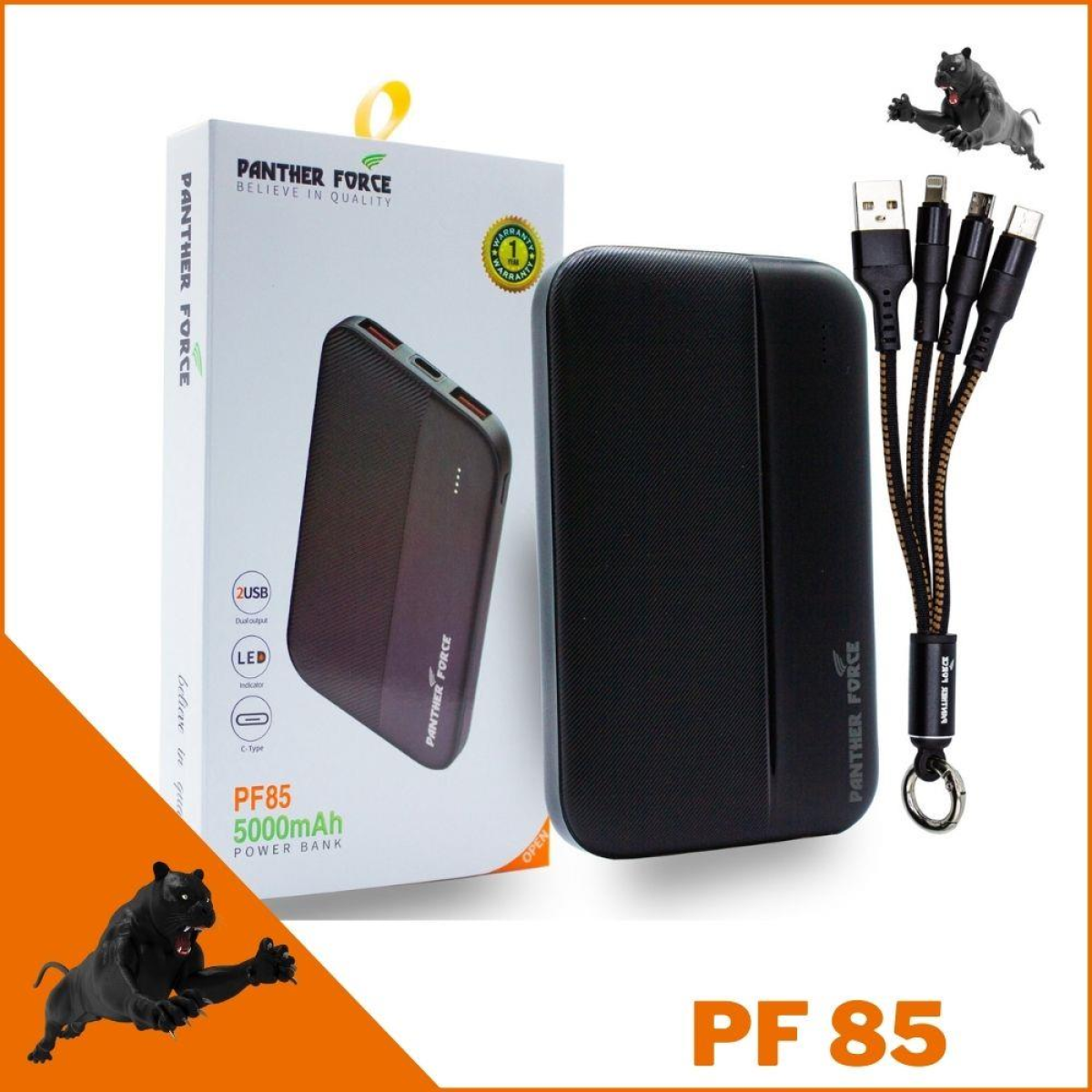 Panther Force 5000mAh Power Bank with 2 USB Outlets, LED Indicator & USB-C Input – PF85 Portable Charger