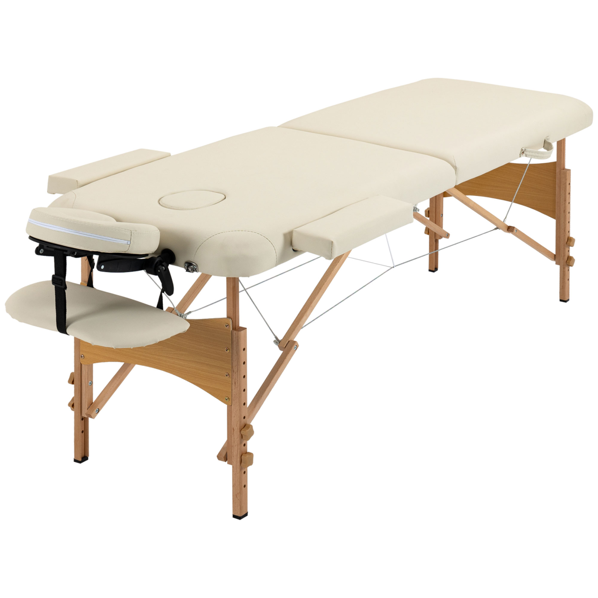 HOMCOM Portable Folding Massage Table with 2 Sections, Wooden Frame & Carry Bag – Spa Beauty Bed, Cream