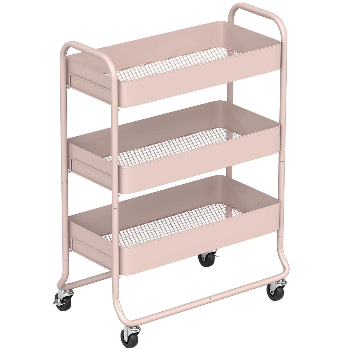 HOMCOM 3-Tier Storage Trolley on Wheels with Mesh Baskets – Rolling Utility Cart for Home, Light Pink