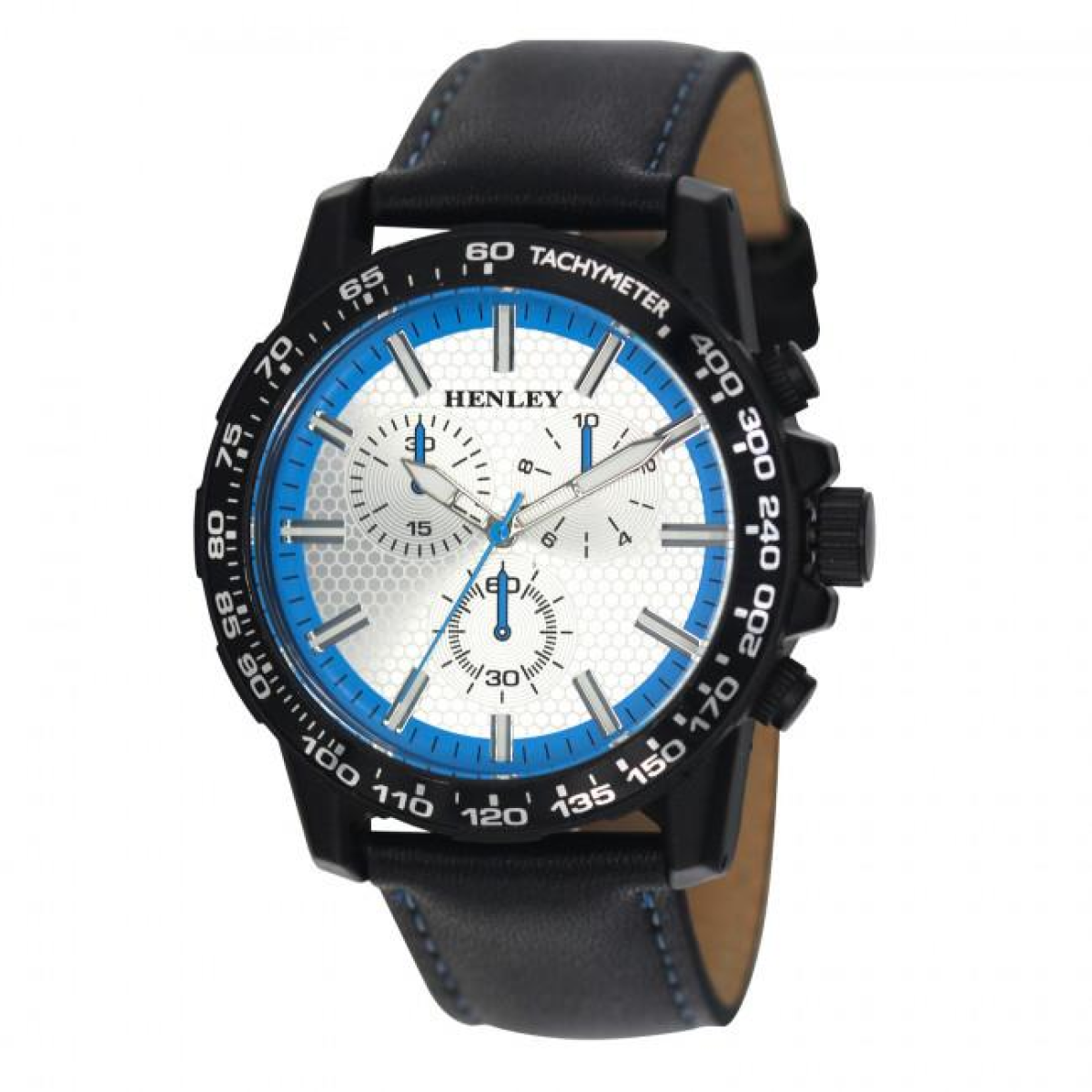 Henley Men's Satin Black Multi Eye Sports Watch, Blue Highlights, Coloured Stitch Strap