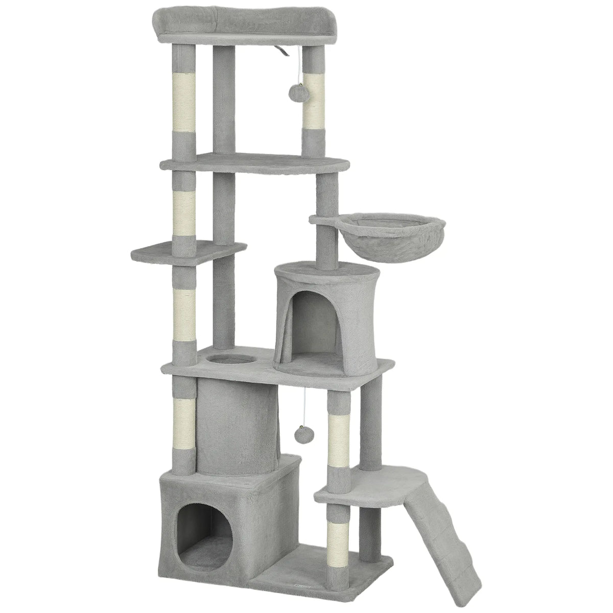 PawHut 170cm Large Cat Tree with 7 Scratching Posts, 2 Condos & Hammock – Multi-Level Cat Tower, Light Grey
